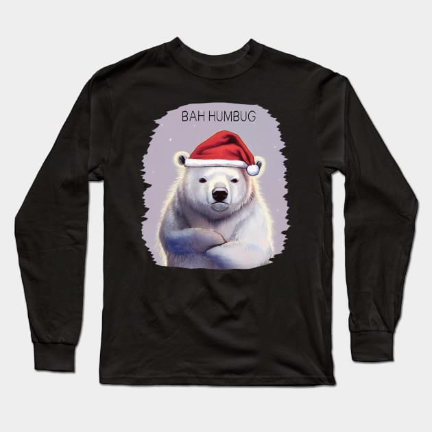 Bah Humbug! Grumpy polar bear in Santa hat Long Sleeve T-Shirt by Geminiartstudio